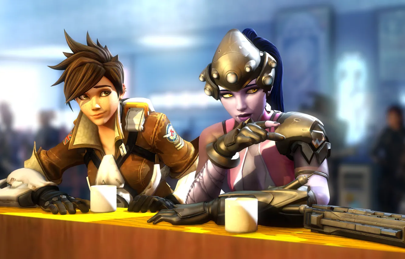 Фото обои девушка, отдых, встреча, вечер, бар, blizzard entertainment, Overwatch, tracer