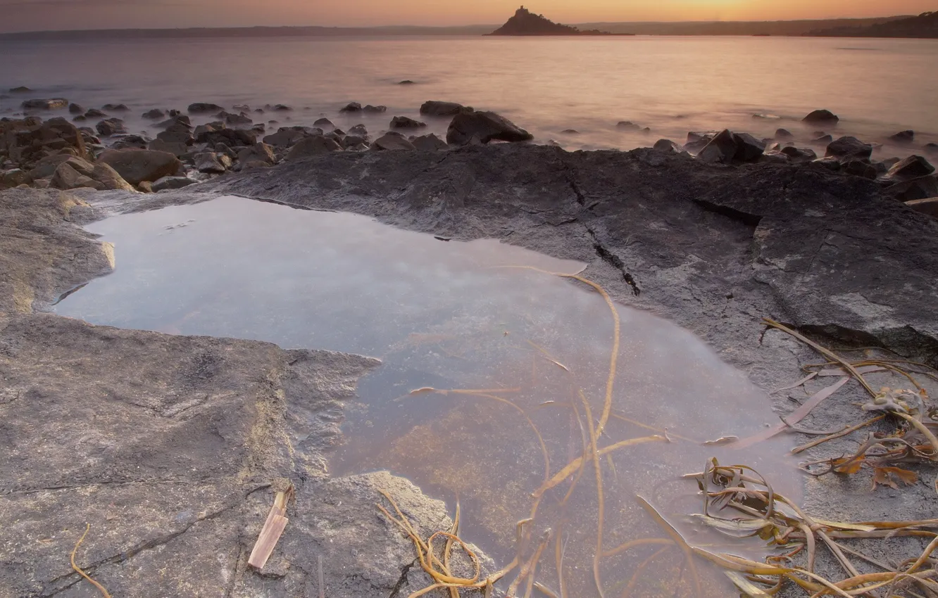 Фото обои камни, берег, вечер, лужа