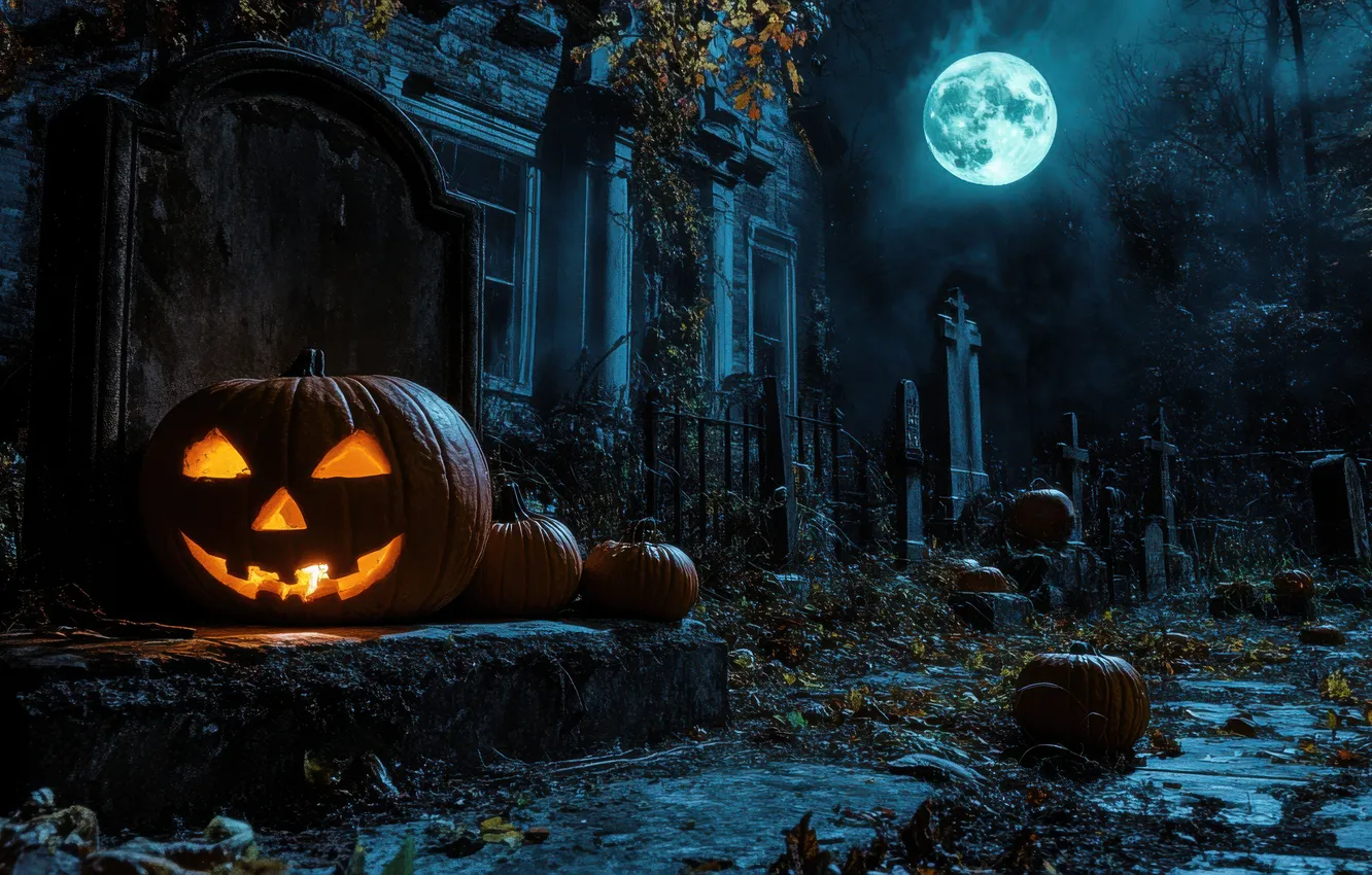 Фото обои Дорога, Ночь, Деревья, Луна, Дом, Тыквы, Halloween, Хэллоуин