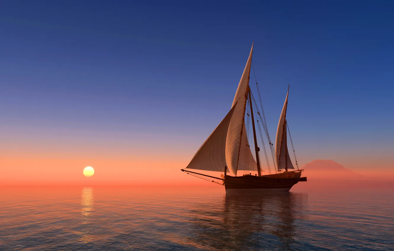 Фото обои море, небо, солнце, восход, побережье, корабль, парусник, горизонт