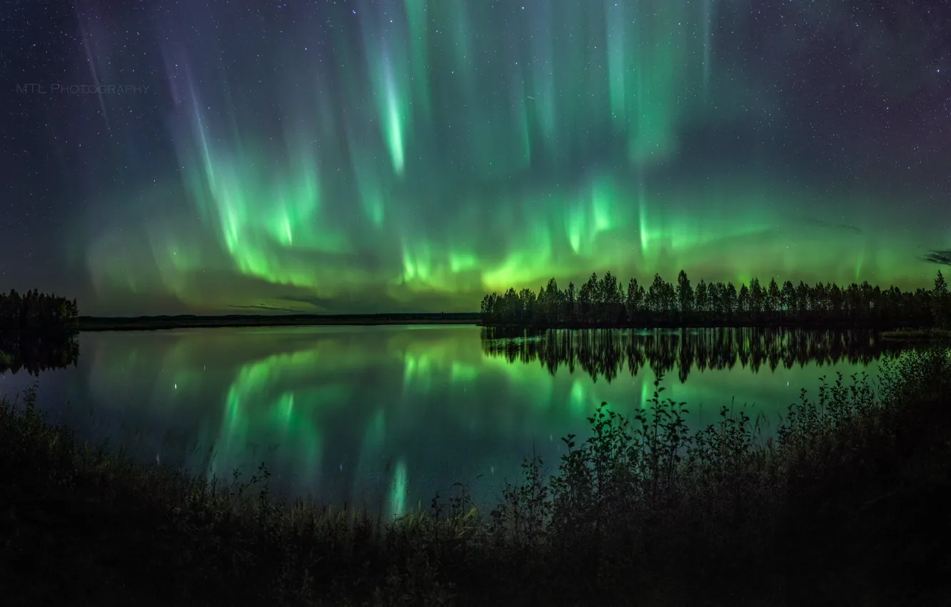 Фото обои небо, вода, ночь, природа, озеро, северное сияние