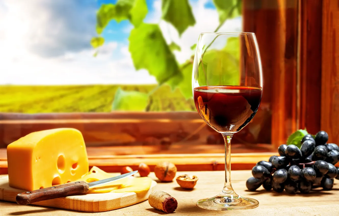 Фото обои вино, бокал, сыр, виноград