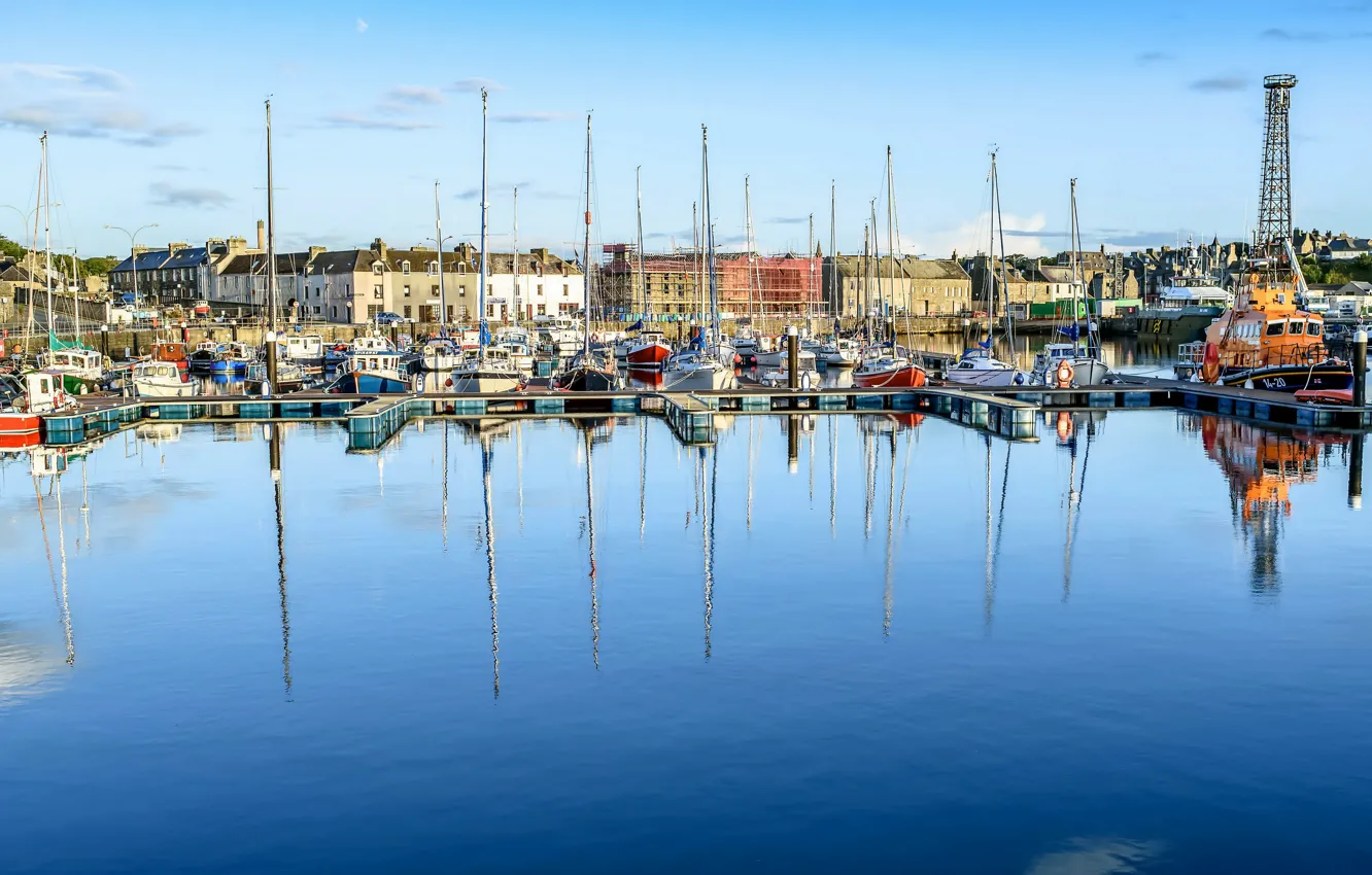 Фото обои небо, солнце, дома, яхты, Великобритания, катера, гавань, Wick Harbour