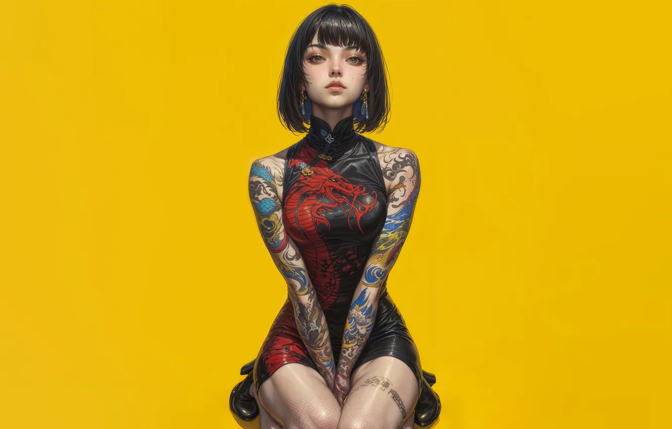 Фото обои Dragon, Anime, Tattoo, Anime Girl, Ai Art, Yellow Background