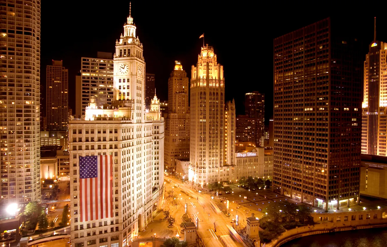 Фото обои ночь, небоскребы, Чикаго, USA, США, ночной город, Chicago, illinois