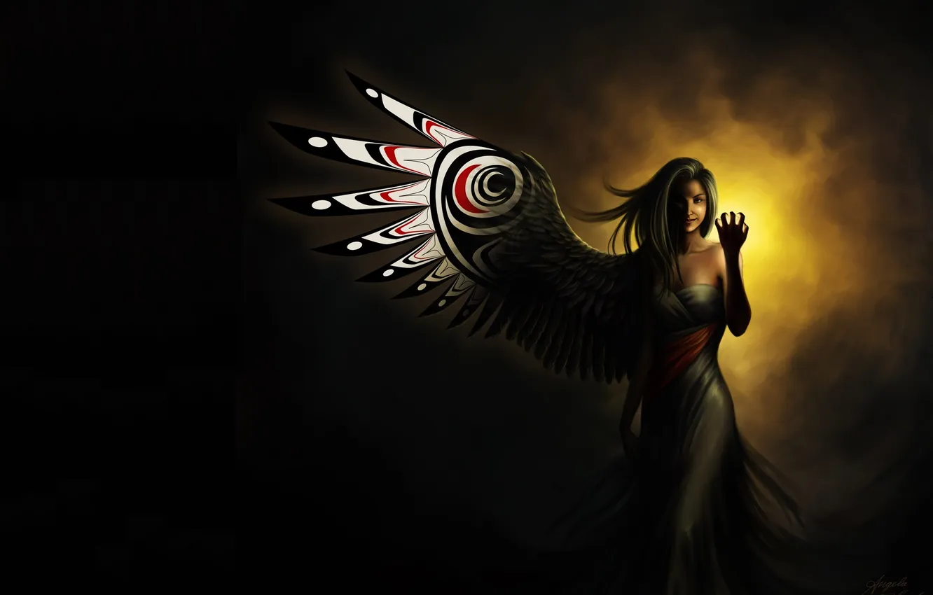 Фото обои взгляд, девушка, фантастика, крылья, ангел, арт, черный фон, angel