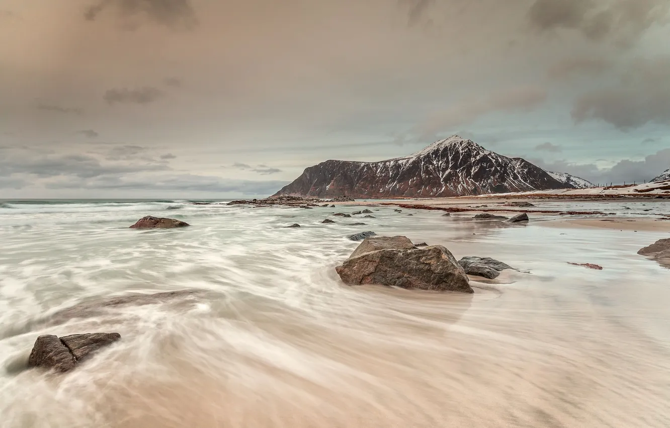 Фото обои море, небо, горы, камни, Норвегия