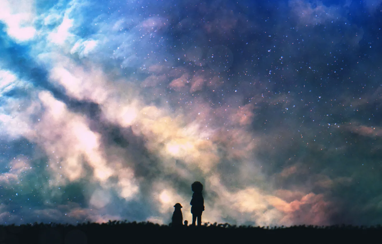 Фото обои небо, трава, ночь, дети, млечный путь