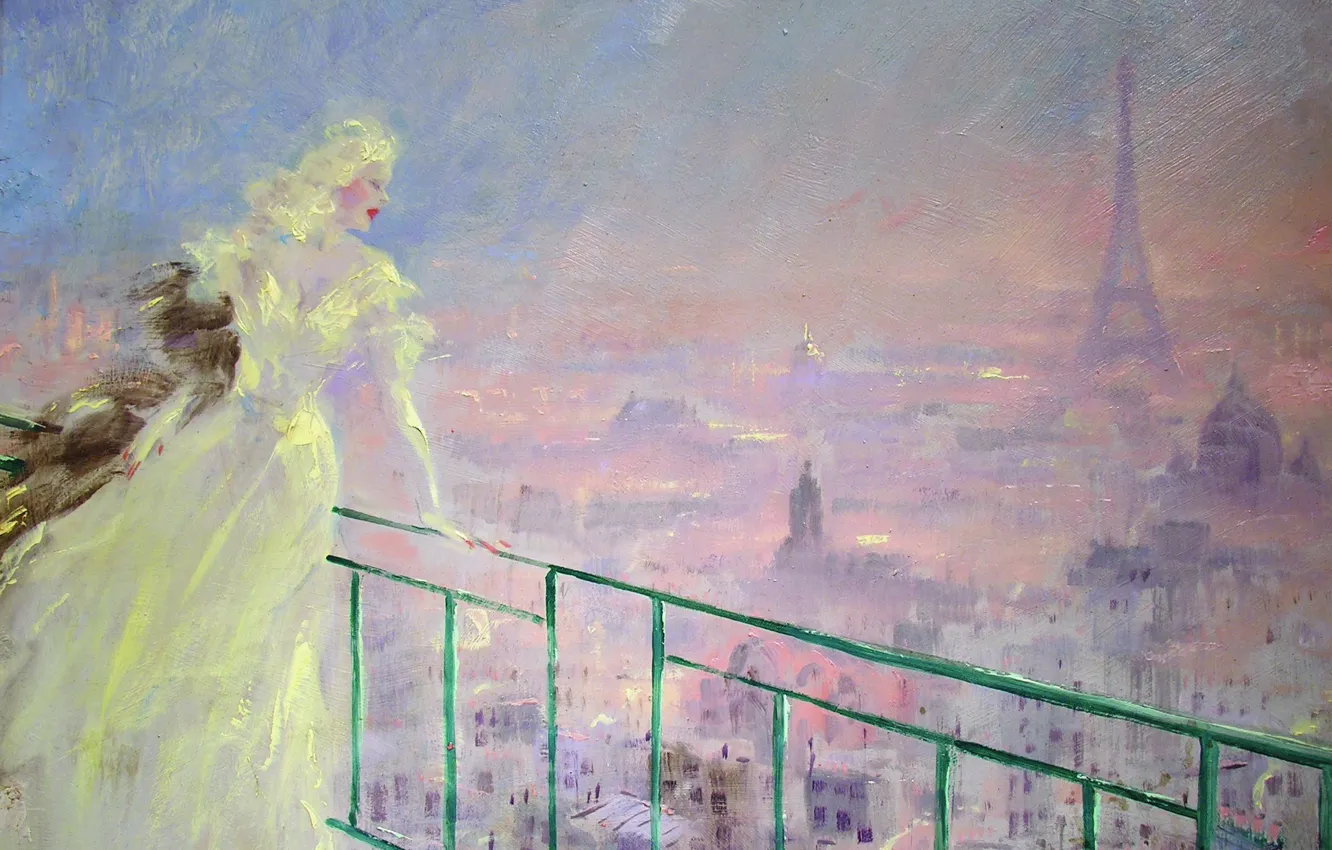 Фото обои Louis Icart, белая женщина, Вечерний Париж