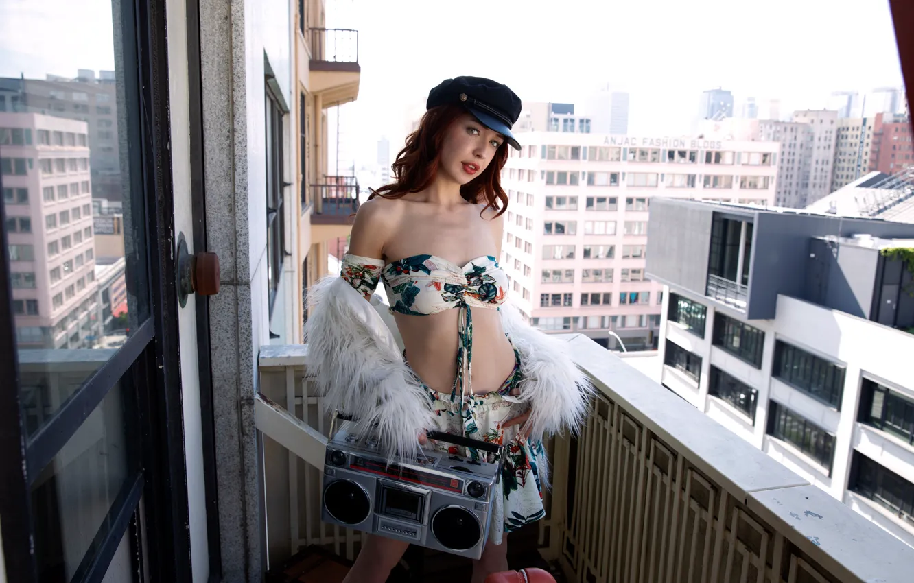 Фото обои red hair, model, redhead, sexy woman, boombox, photoshoot, posing, hot babe