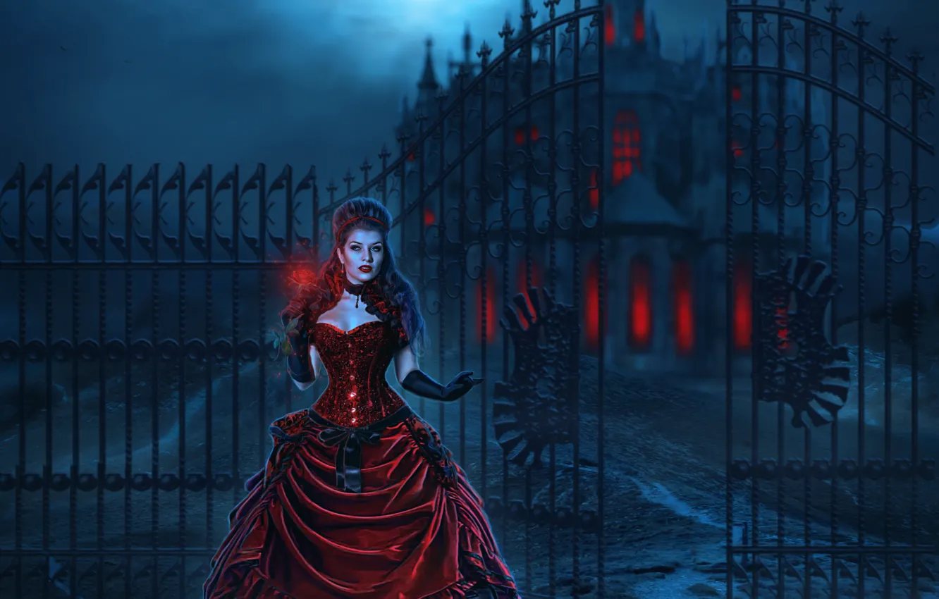 Фото обои девушка, ночь, замок, красное, луна, забор, платье, Moon