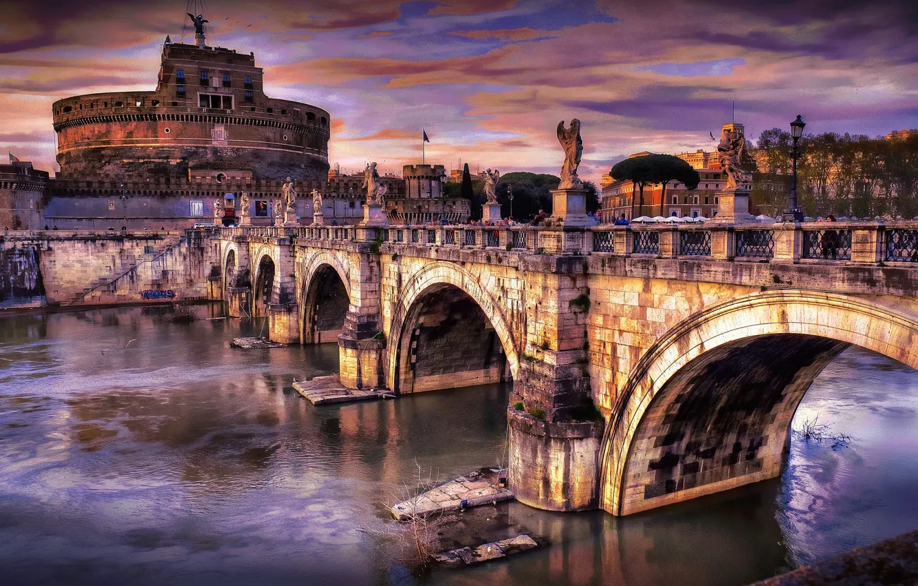 Фото обои небо, тучи, мост, река, Рим, Италия, Тибр, замок Святого Ангела