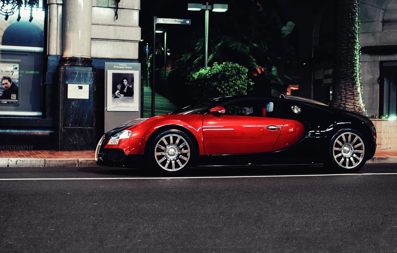 Фото обои ночь, улица, Bugatti Veyron, бугатти, night, street
