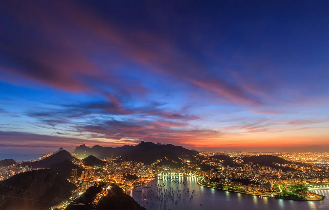 Фото обои горы, город, рассвет, бухта, яхты, Rio de Janeiro