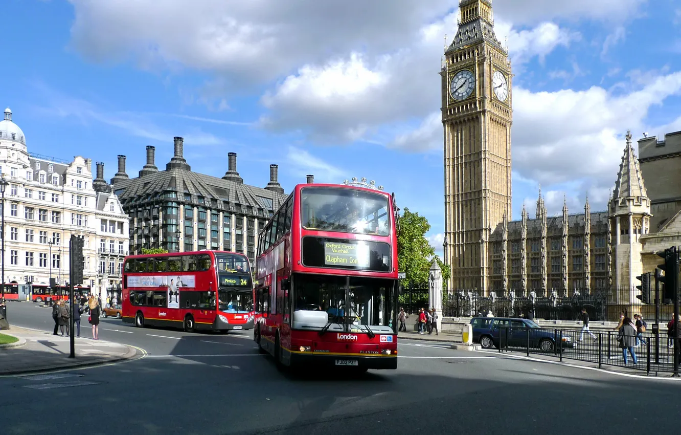 Фото обои Лондон, london, big ben, автобусы