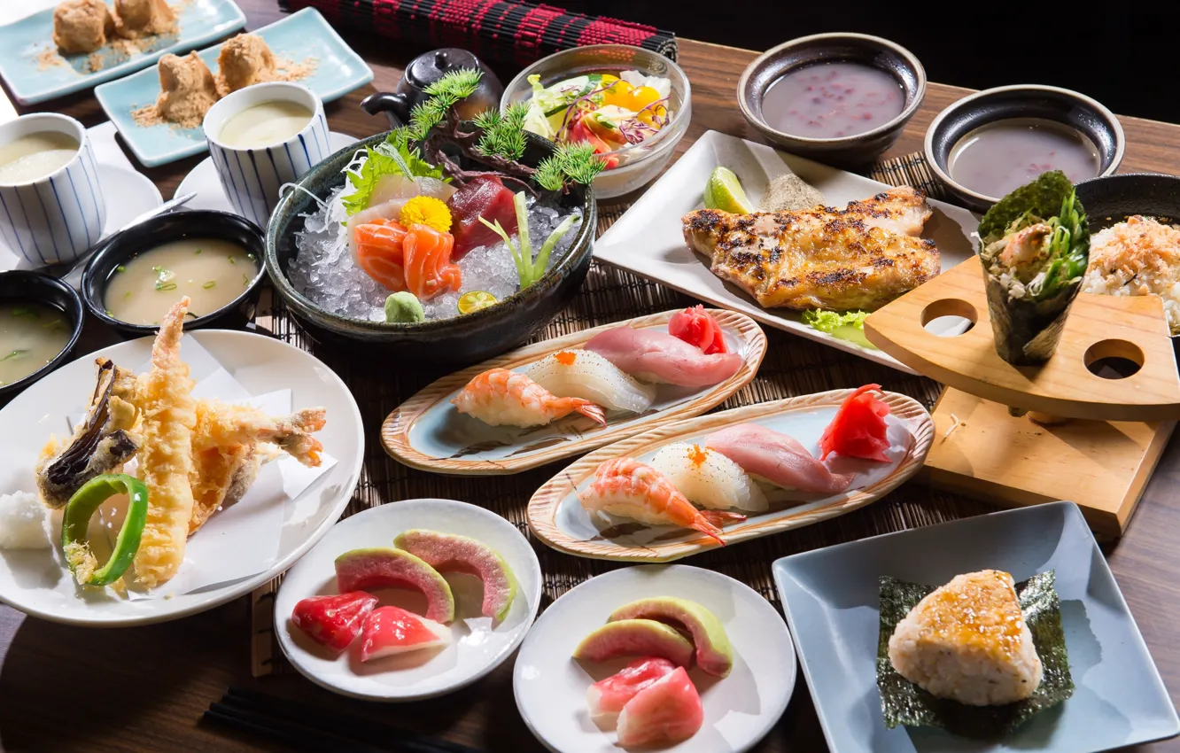 Фото обои рыба, суп, рис, суши, морепродукты, блюда, ассорти, изобилие