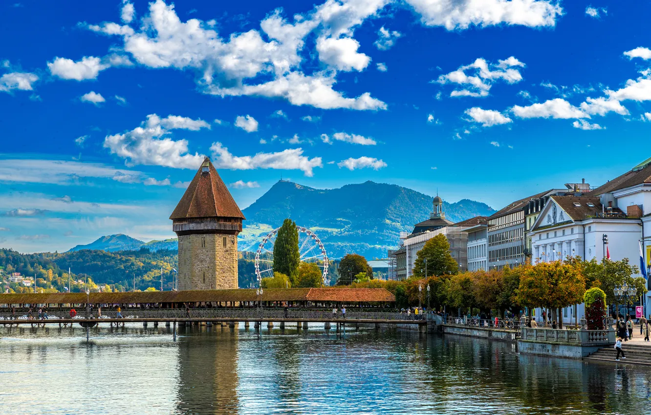 Фото обои Дома, Горы, Башня, Озеро, Швейцария, Альпы, Luzern, Облака ночью