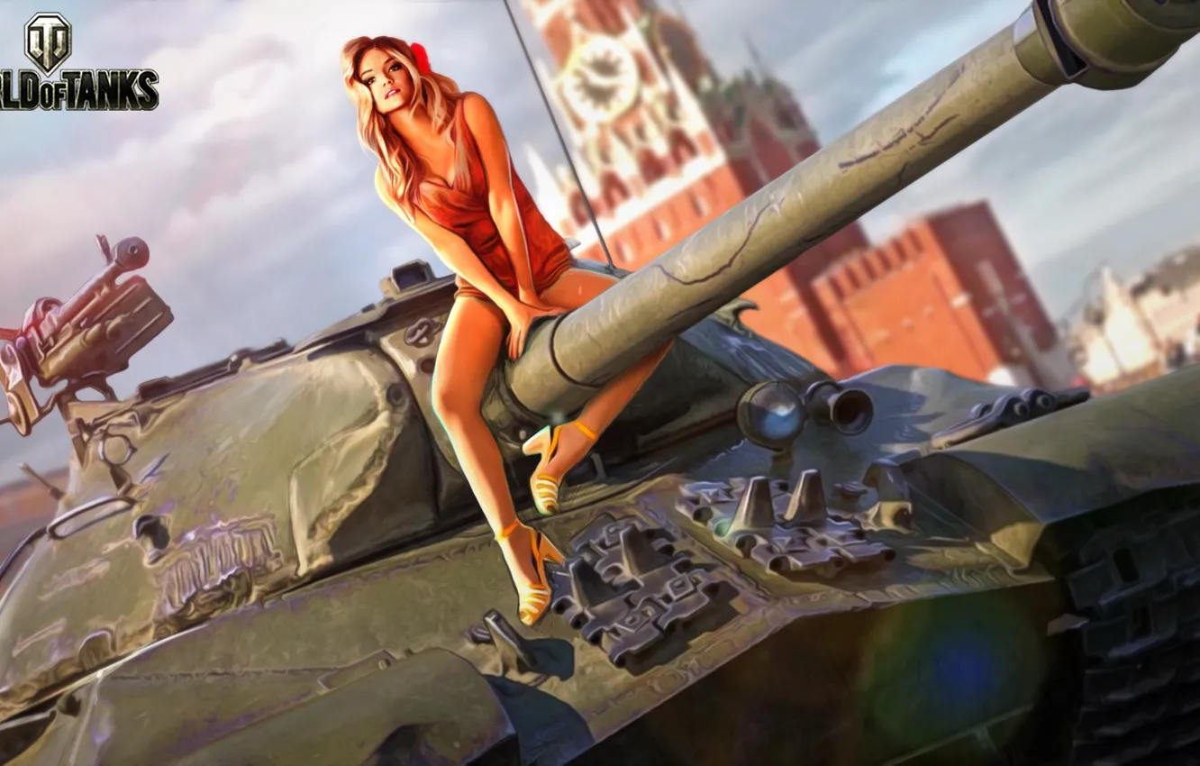 Фото обои девушка, рисунок, арт, танк, ствол, Кремль, тяжелый, советский