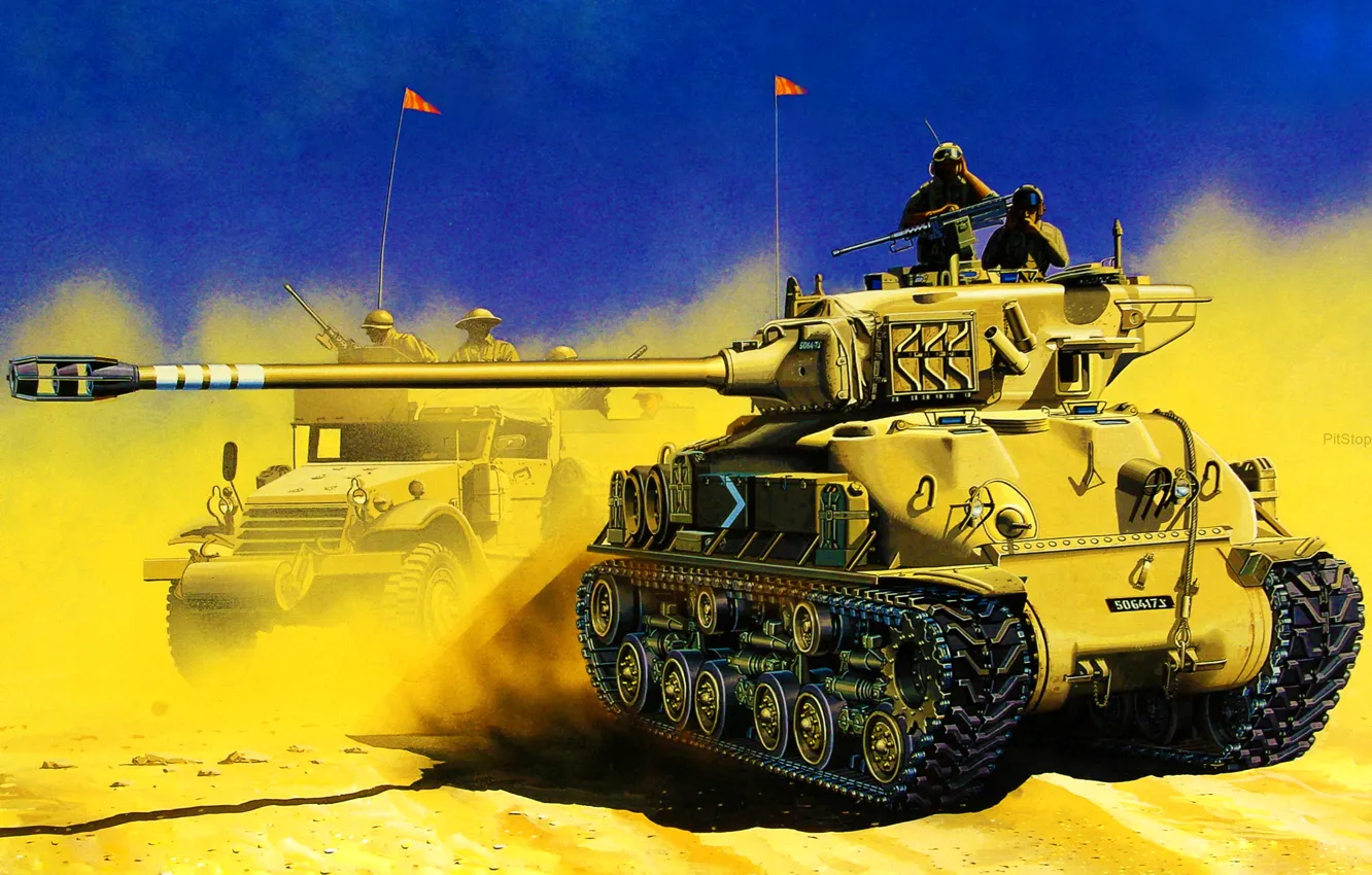 Фото обои war, art, painting, tank, M50/51 Super Sherman