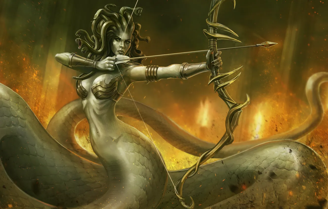 Фото обои змеи, грудь, женщина, лук, арт, хвост, стрелы, medusa
