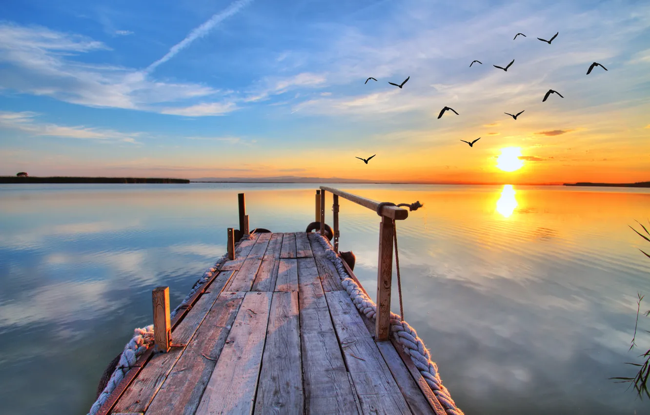 Фото обои закат, озеро, чайки, landscape, nature, sunset, lake, pier
