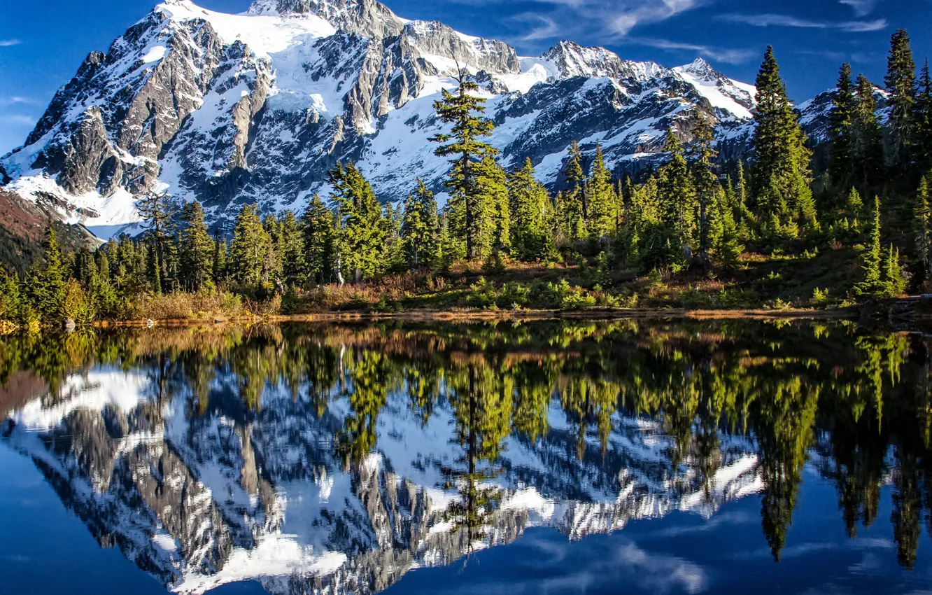 Фото обои лес, деревья, горы, озеро, отражение, Гора Шуксан, Каскадные горы, Washington State