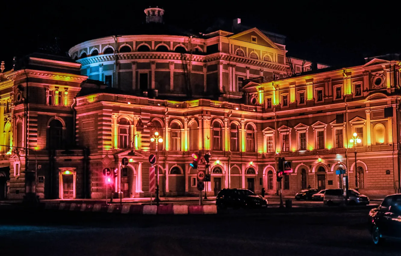 Фото обои ночь, здание, Питер, фонари, театр, архитектура, Мариинский театр, Санк-Петербург