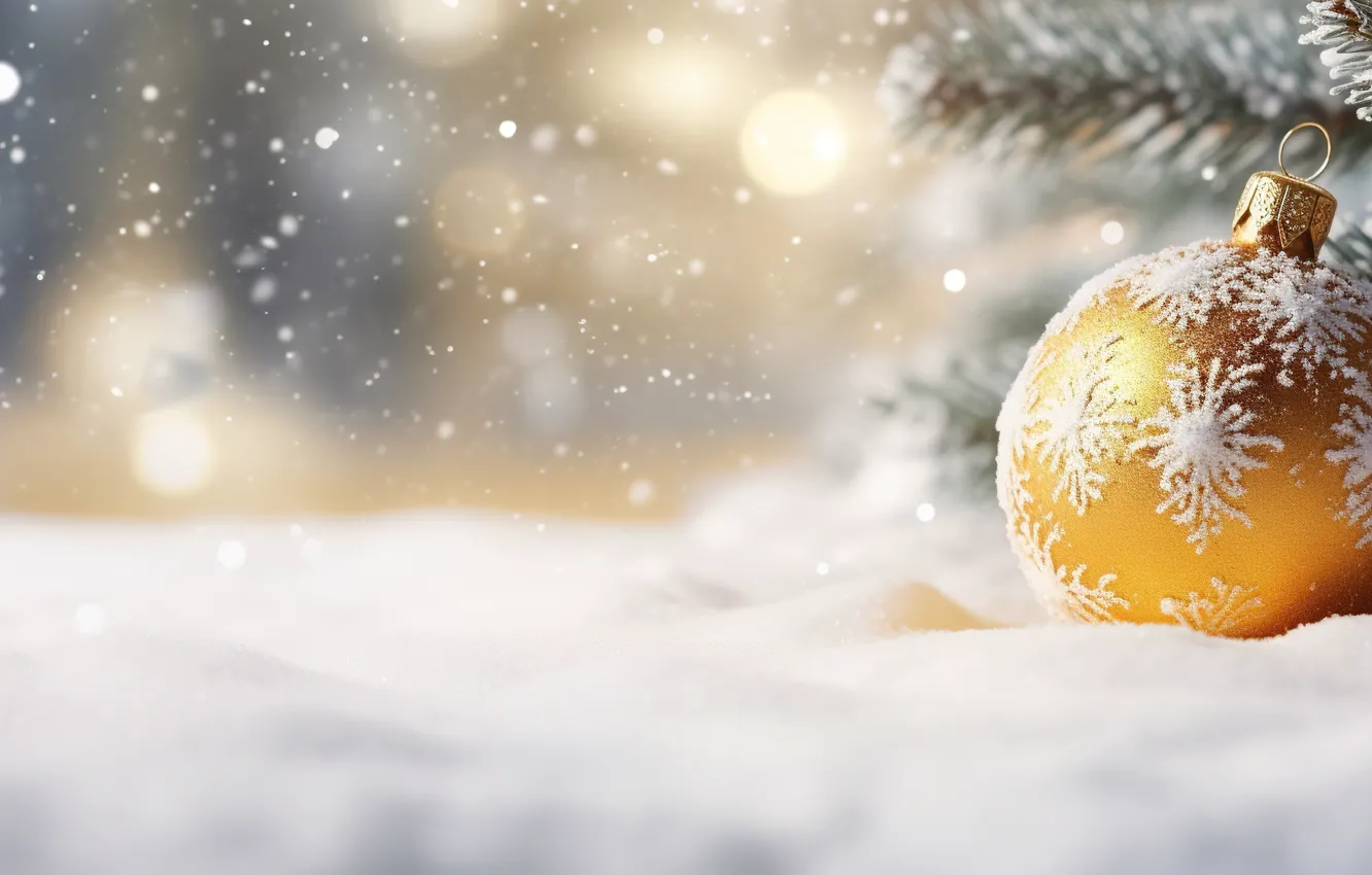 Фото обои зима, снег, украшения, шар, Новый Год, Рождество, golden, new year