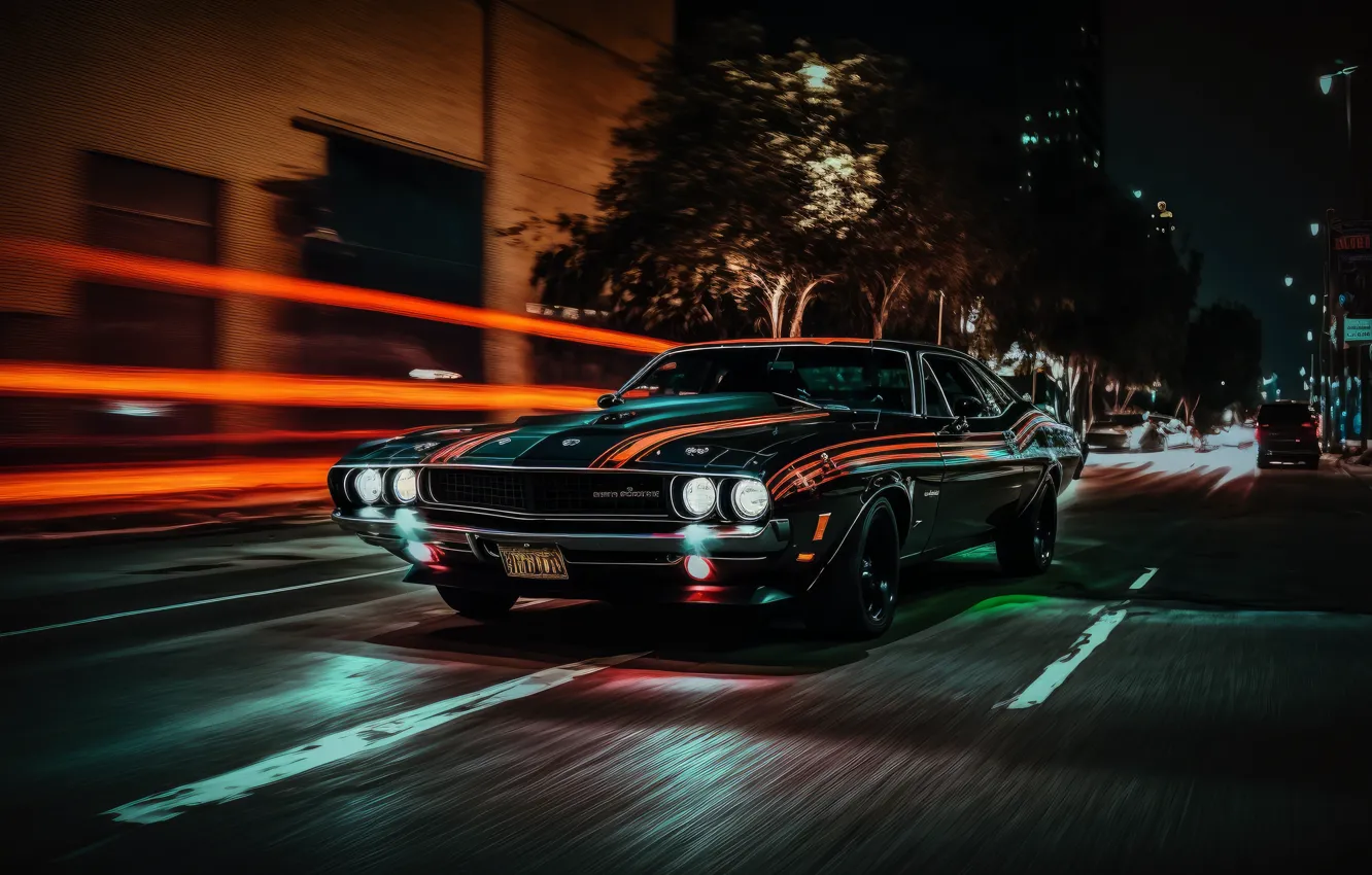 Фото обои car, city, lights, Dodge Challenger, night, street, ai art