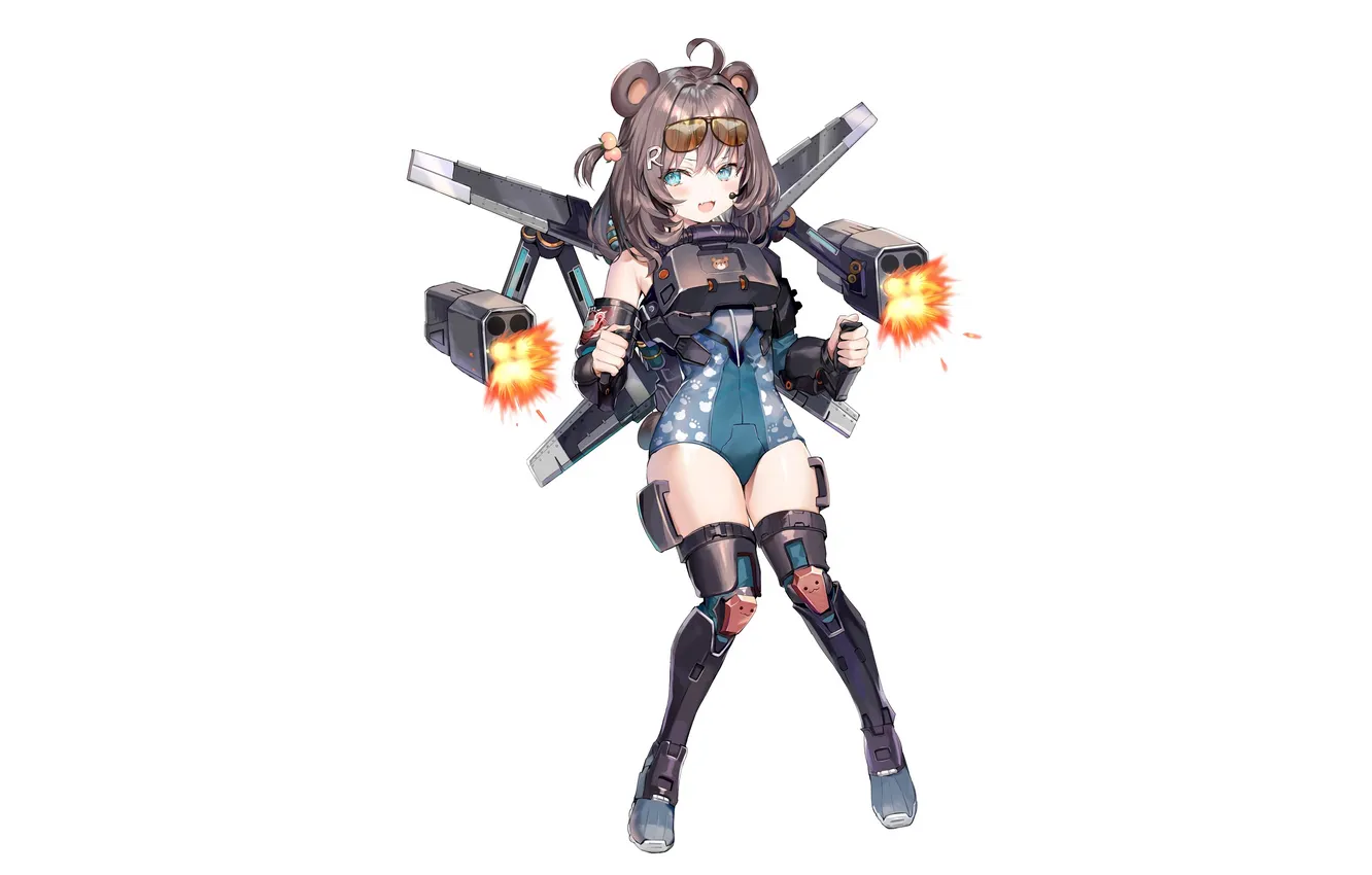 Фото обои guns, girl, sexy, armor, legs, brown hair, animal ears, anime