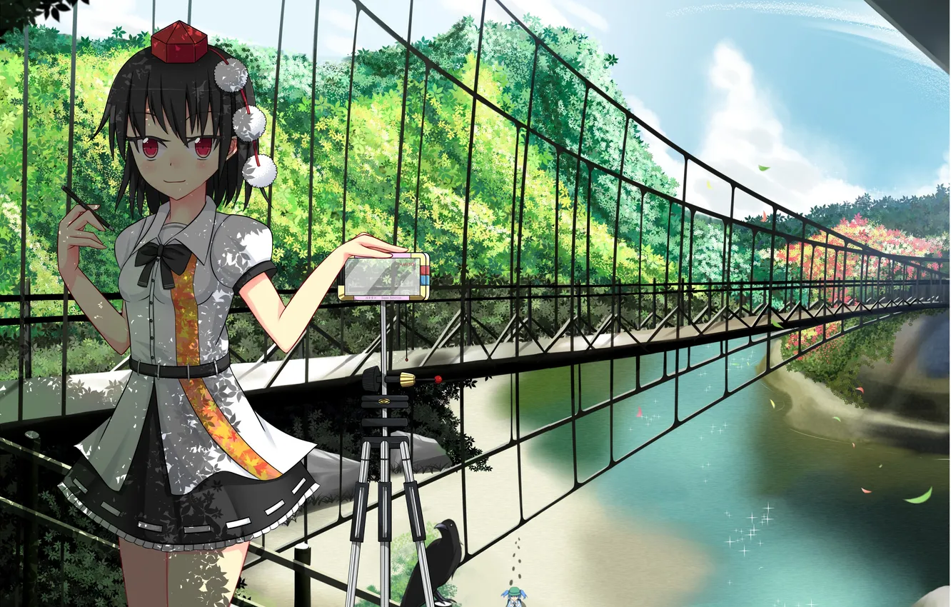 Фото обои облака, мост, природа, река, девушки, арт, touhou, shameimaru aya