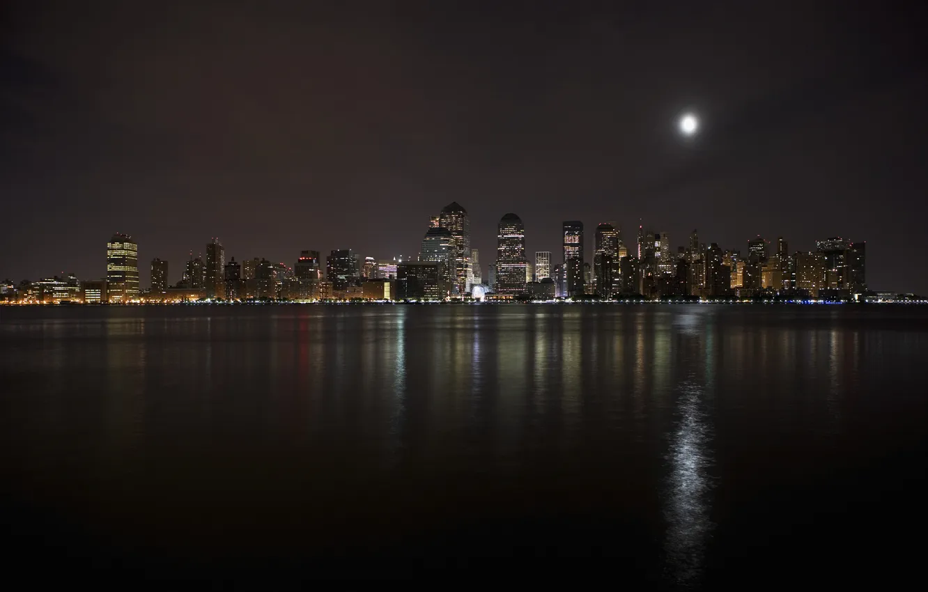 Фото обои ночь, река, луна, Нью-Йорк, небоскребы, USA, Манхэттен, Manhattan