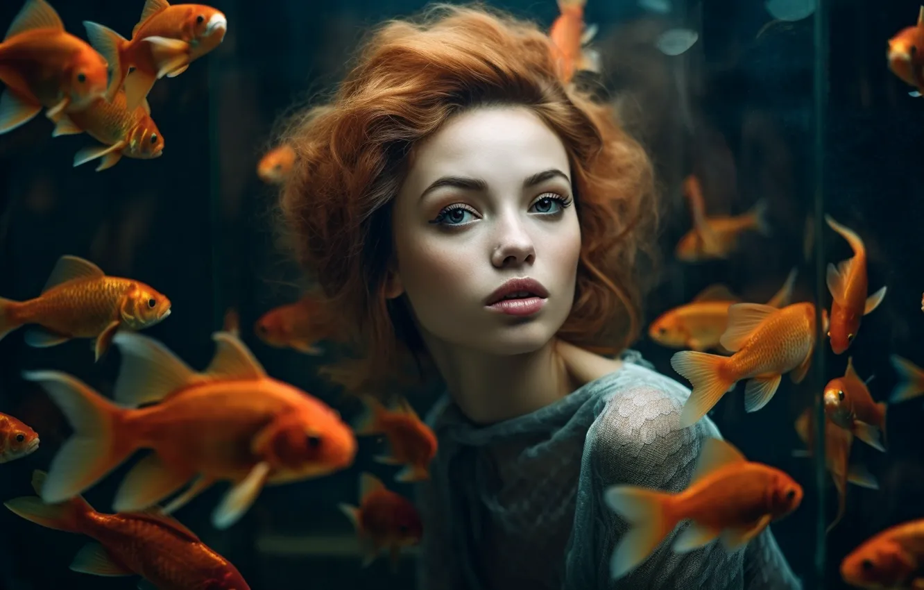 Фото обои взгляд, стекло, вода, девушка, рыбки, лицо, рендеринг, фантазия