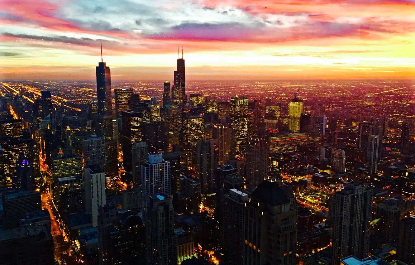 Фото обои City, Red, Clouds, Sky, Chicago, Sunset, Street, Skyline