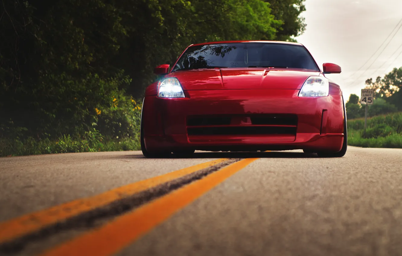 Фото обои дорога, красный, перед, red, Nissan, ниссан, 350Z, stance