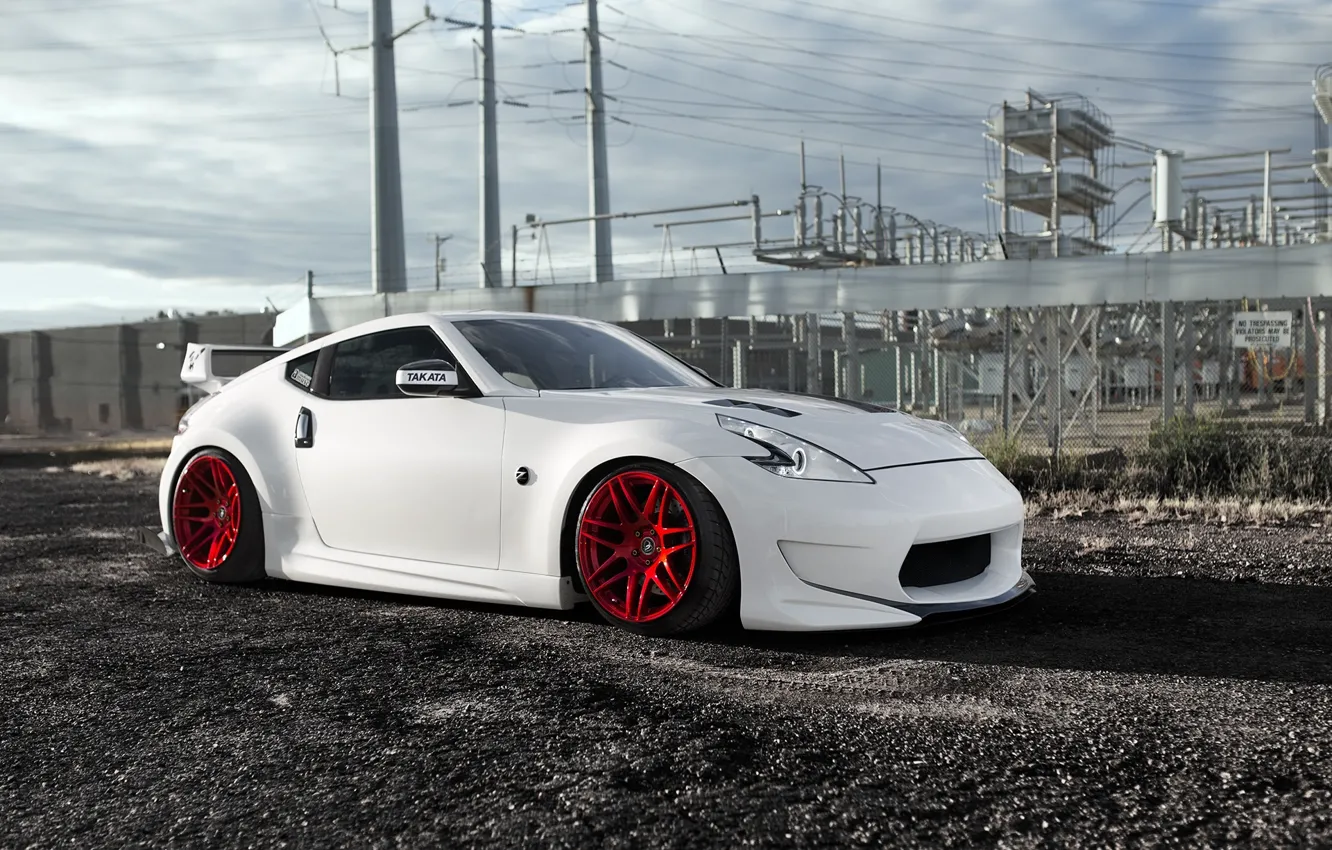 Фото обои Nissan, Red, Front, White, 370Z, Stance, Wheels, Pure