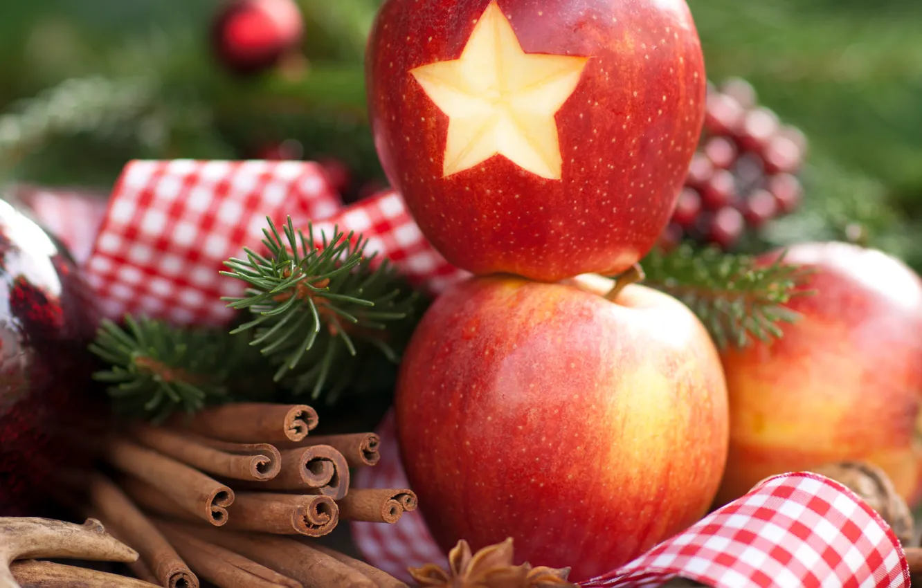 Фото обои шарики, украшения, праздник, Новый Год, Рождество, Christmas, New Year, apples