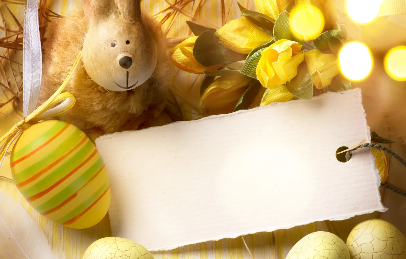 Фото обои цветы, праздник, заяц, яйца, Пасха, тюльпаны, карточка, фигурка