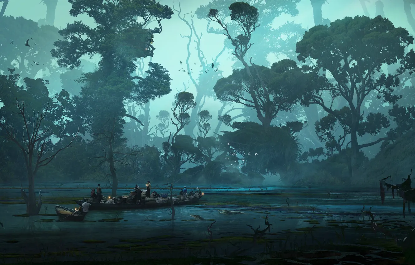 Фото обои лес, люди, сумрак, водоём, Swamp and wildness