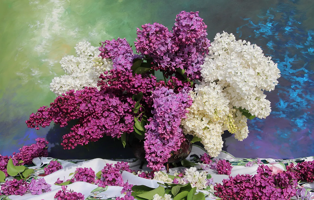 Фото обои цветы, букет, лепестки, белая, россыпь, сиреневая, сирень, соцветия