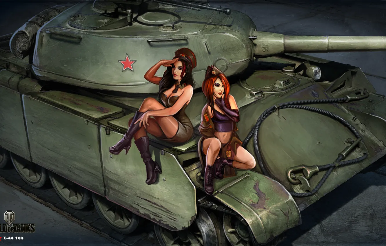 Фото обои девушки, рисунок, арт, танк, советский, средний, World of Tanks, танкистки