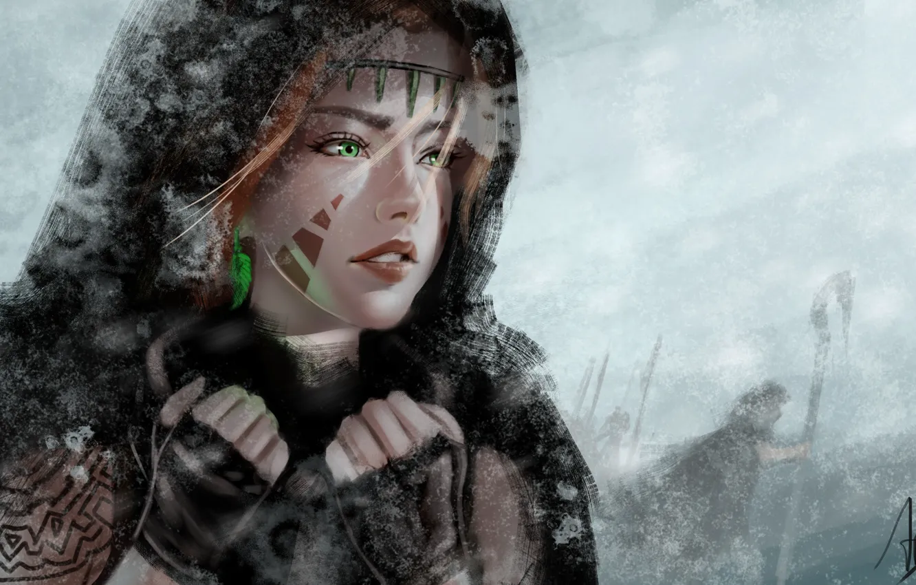 Фото обои холод, зима, взгляд, девушка, украшения, лицо, арт, зеленые глаза