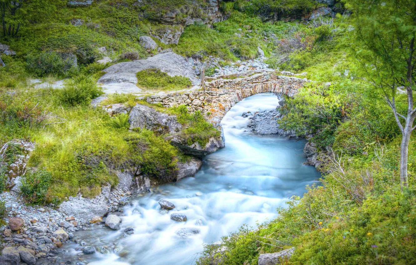 Фото обои мост, природа, река, Франция, Альпы, Национальный парк Экрен