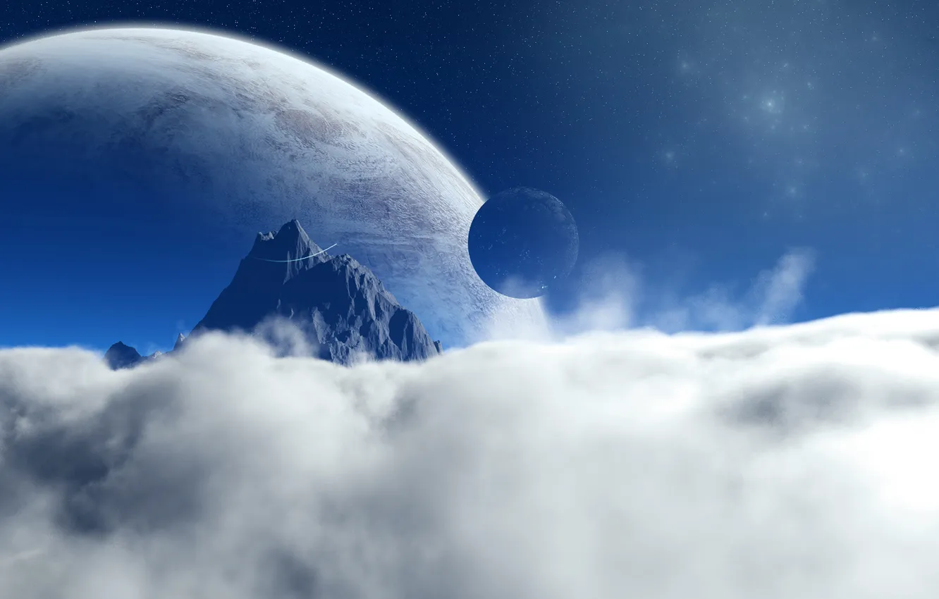 Фото обои облака, планеты, гора, звёзды