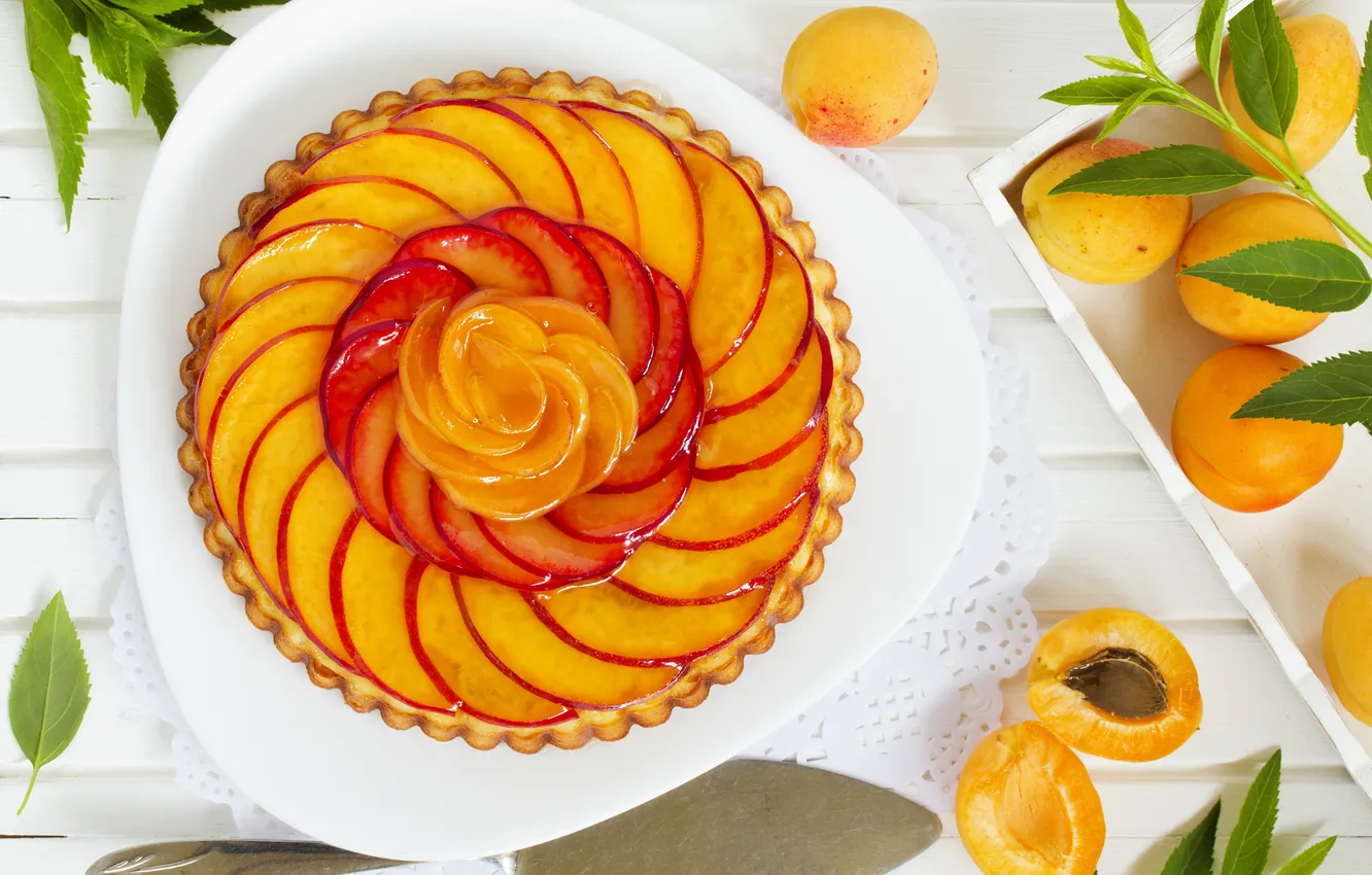 Фото обои пирог, cake, листики, выпечка, leaves, абрикосы, apricots, pastries