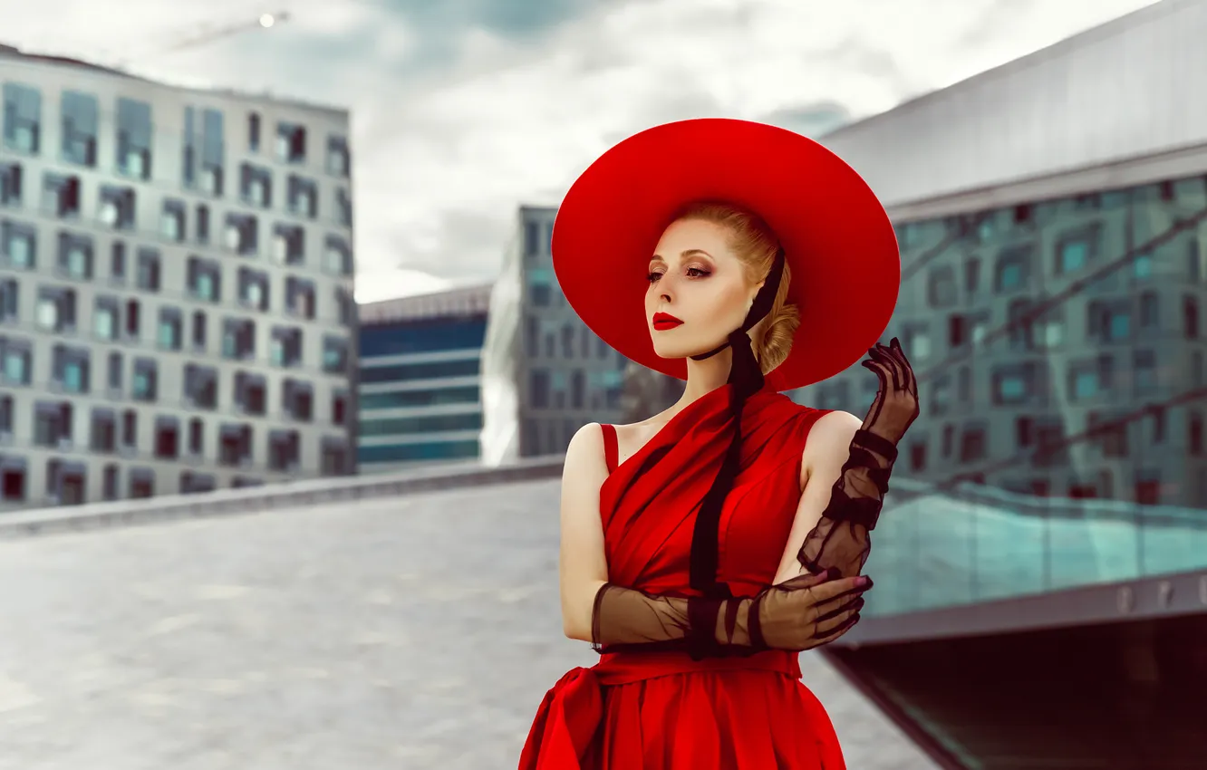 Фото обои стиль, гламур, шляпка, красное платье, жест, мода, красивая девушка, очарование