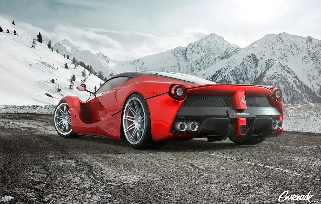 Фото обои Ferrari, Snow, White, Wheels, LaFerrari, HRE, by Gurnade, Moutian