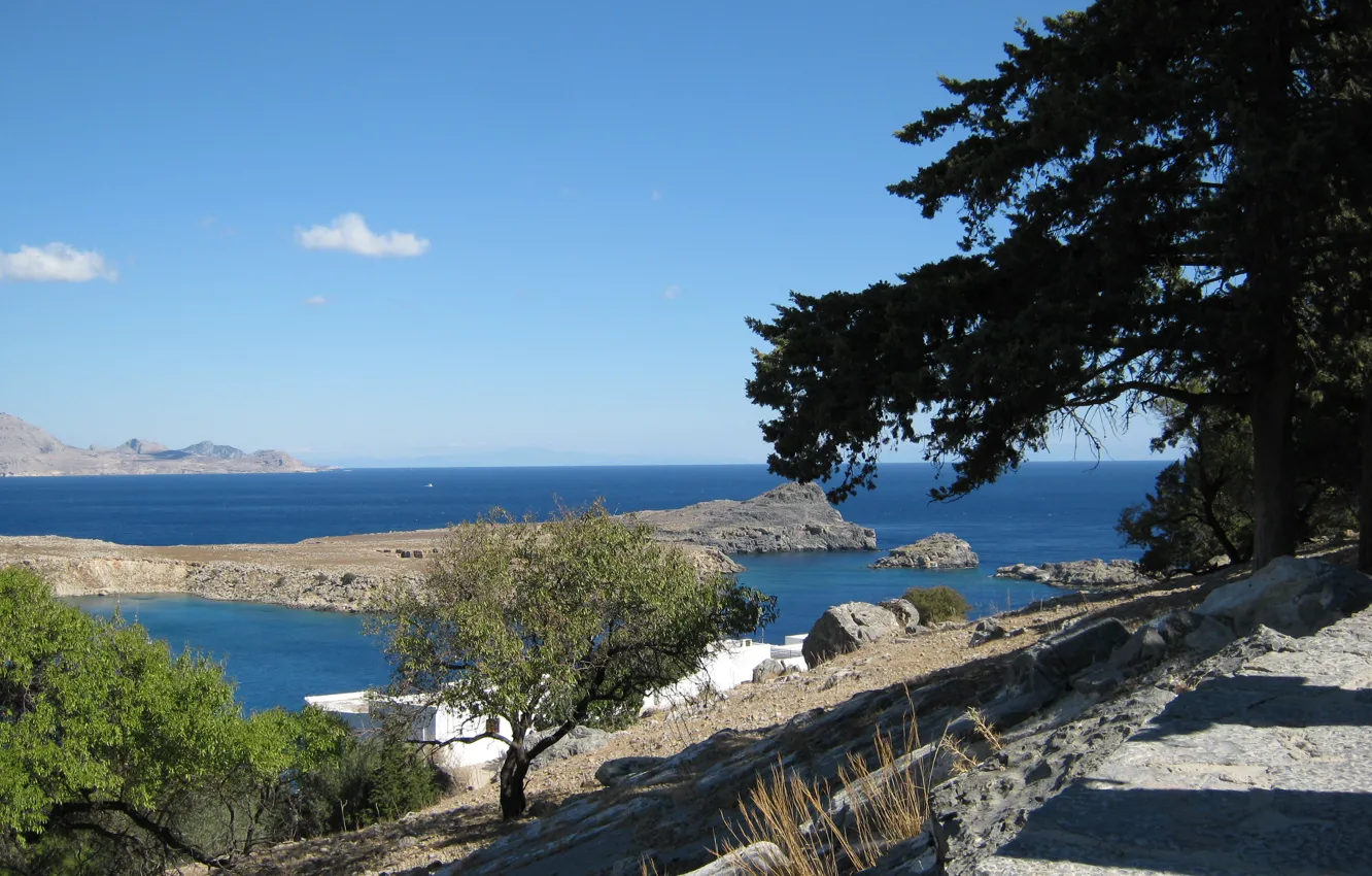 Фото обои море, небо, камни, скалы, бухта, Греция, горизонт, залив