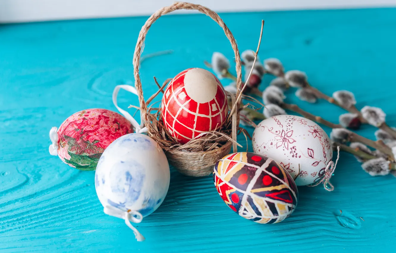 Фото обои ветки, праздник, корзина, яйца, Пасха, верба, Easter, eggs
