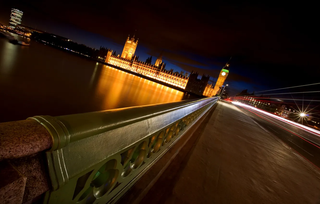 Фото обои ночь, мост, река, Лондон